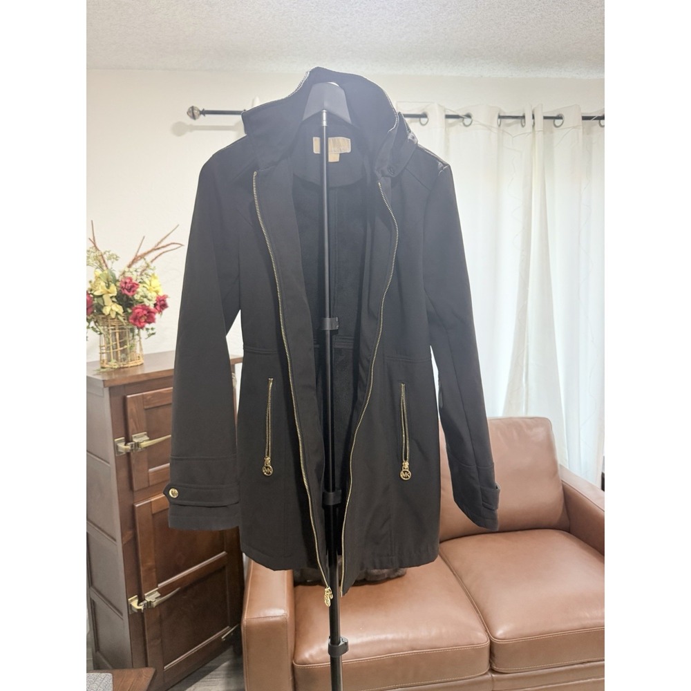 Michael Michael Kors Women's Black Hooded Full Zip Rain Coat Pockets Size S